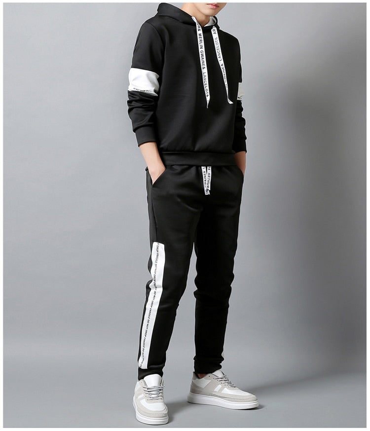 Patchwork street style hoodie + sweatpants set