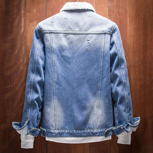 Fleece lined patched vintage denim jacket