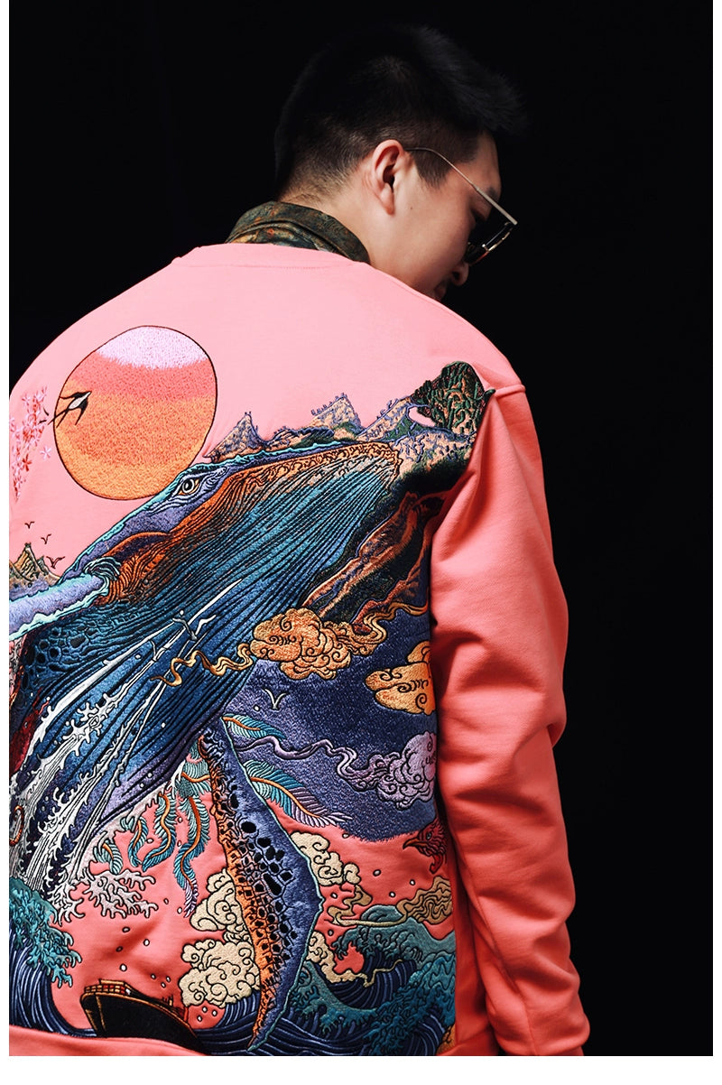 Hyper premium sunset whale waterfall embroidery sweatshirt