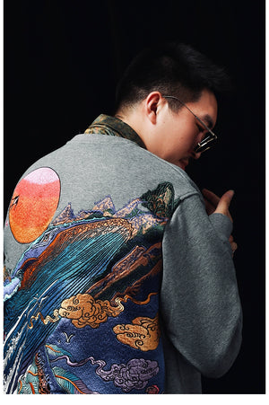 Hyper premium sunset whale waterfall embroidery sweatshirt