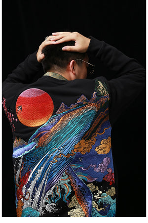 Hyper premium sunset whale waterfall embroidery sweatshirt