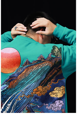 Hyper premium sunset whale waterfall embroidery sweatshirt