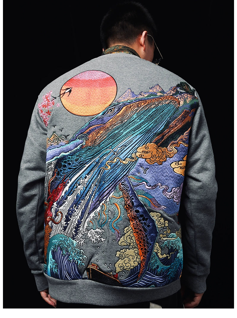 Hyper premium sunset whale waterfall embroidery sweatshirt