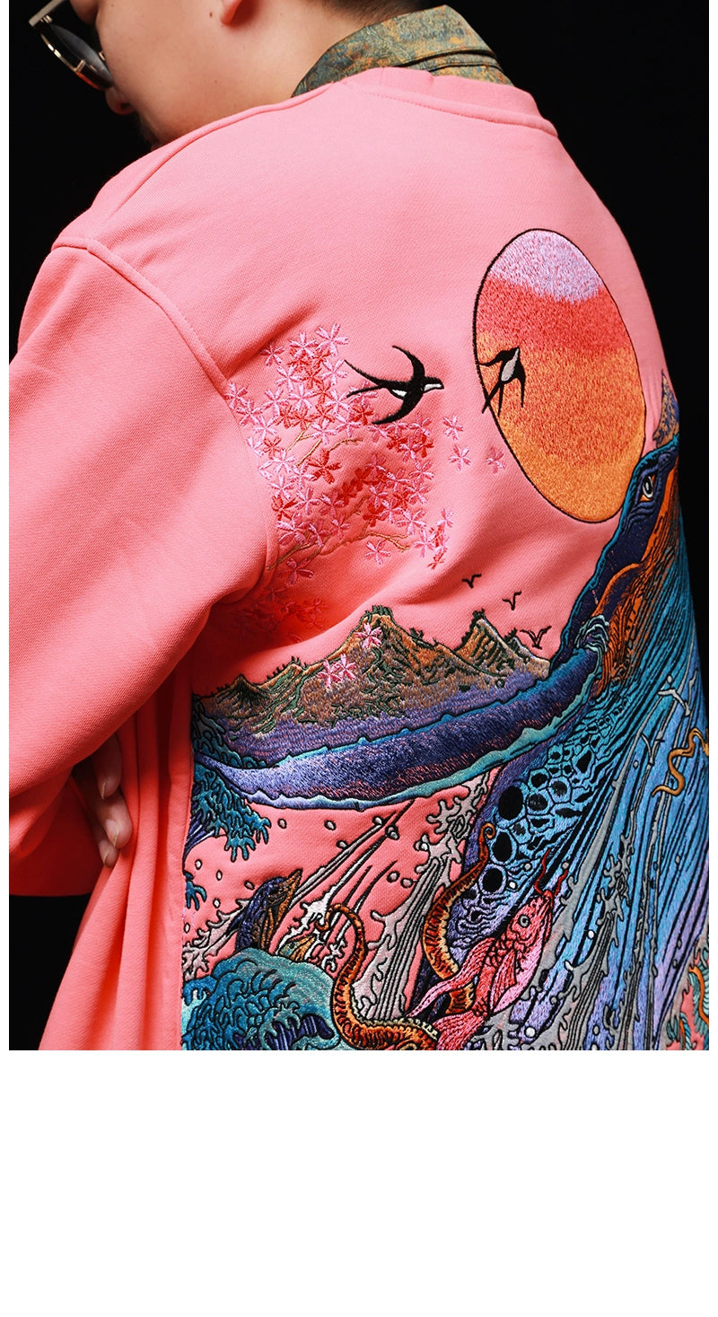 Hyper premium sunset whale waterfall embroidery sweatshirt