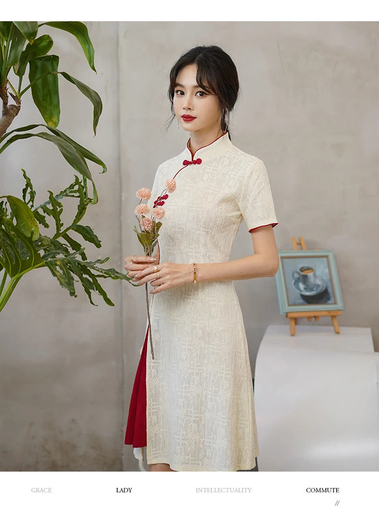 Basic design white/red Chinese cheongsam qipao dress