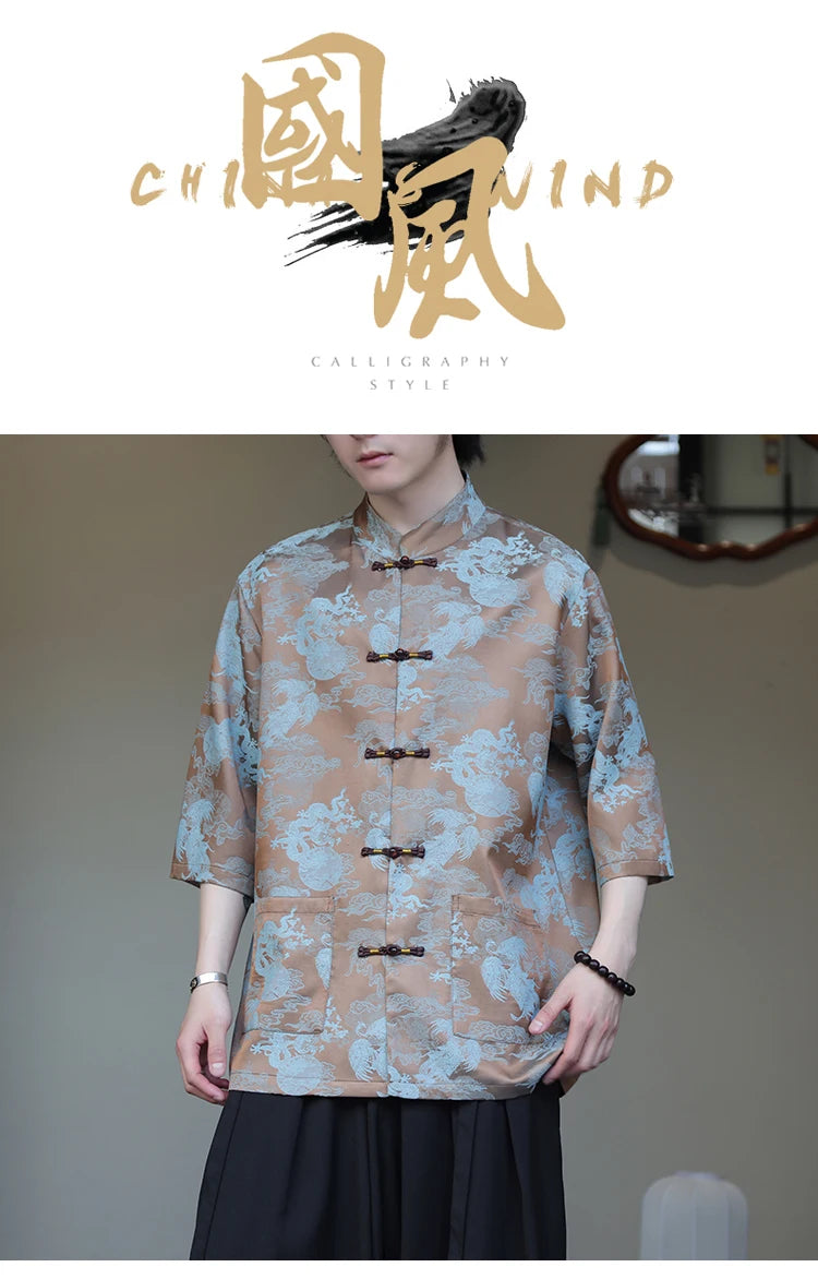 Premium golden dragon silk hanfu Tang shirt