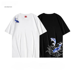 Blue twin carp embroidery T-shirt