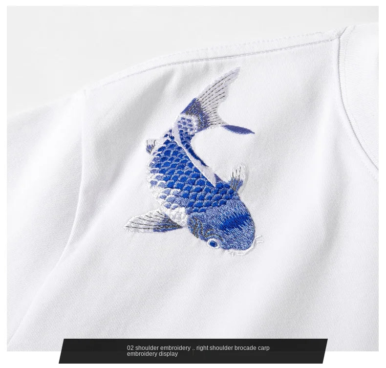 Blue twin carp embroidery T-shirt