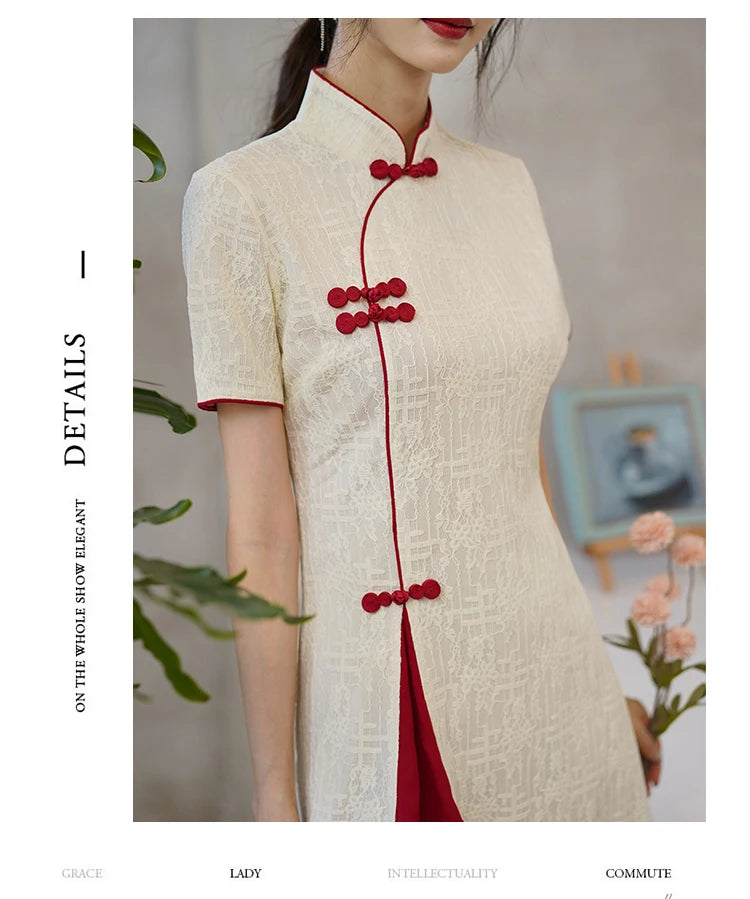 Basic design white/red Chinese cheongsam qipao dress