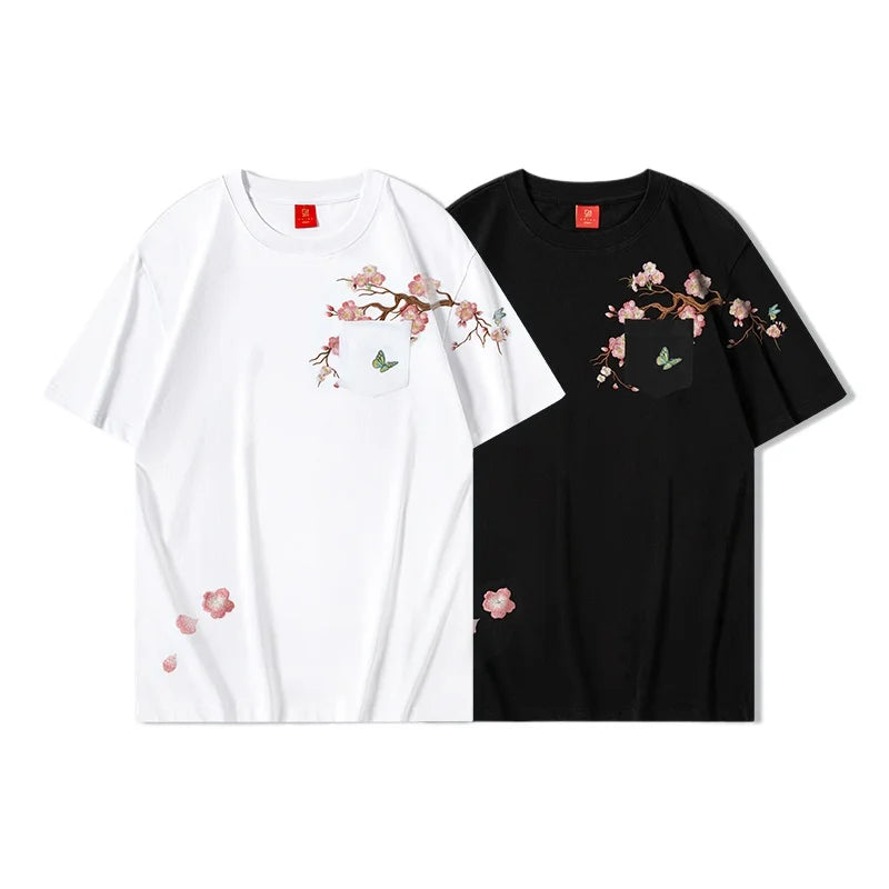 Sakura flower branch embroidery T-shirt