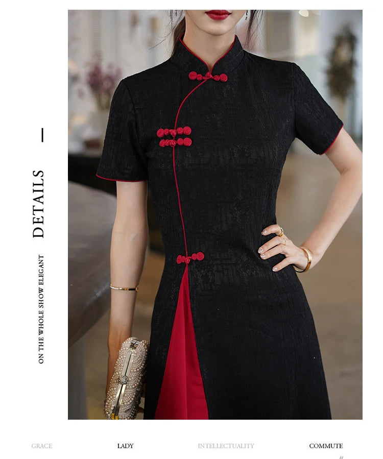 Basic design black/red cheongsam qipao dress