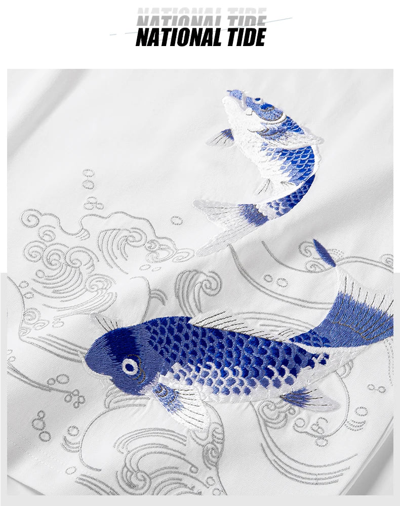 Blue twin carp embroidery T-shirt