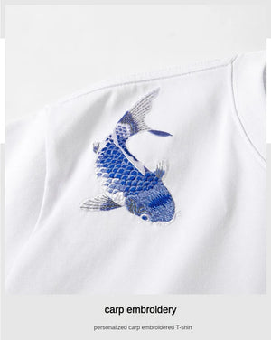 Blue twin carp embroidery T-shirt