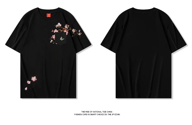 Sakura flower branch embroidery T-shirt