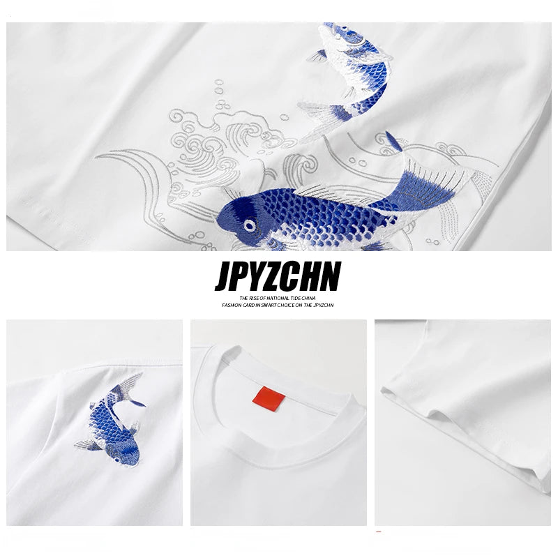 Blue twin carp embroidery T-shirt