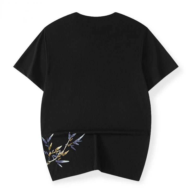 Embroidery tranquil bamboo branch T-shirt