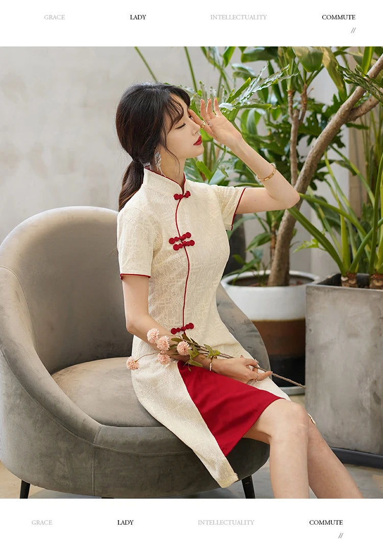 Basic design white/red Chinese cheongsam qipao dress