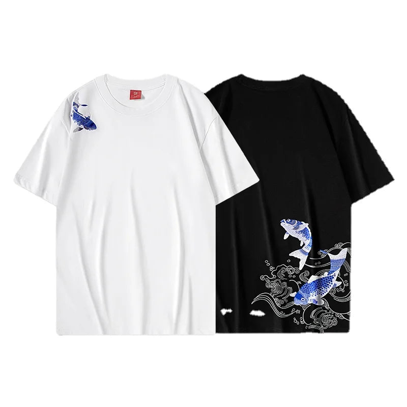 Blue twin carp embroidery T-shirt