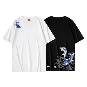 Blue twin carp embroidery T-shirt