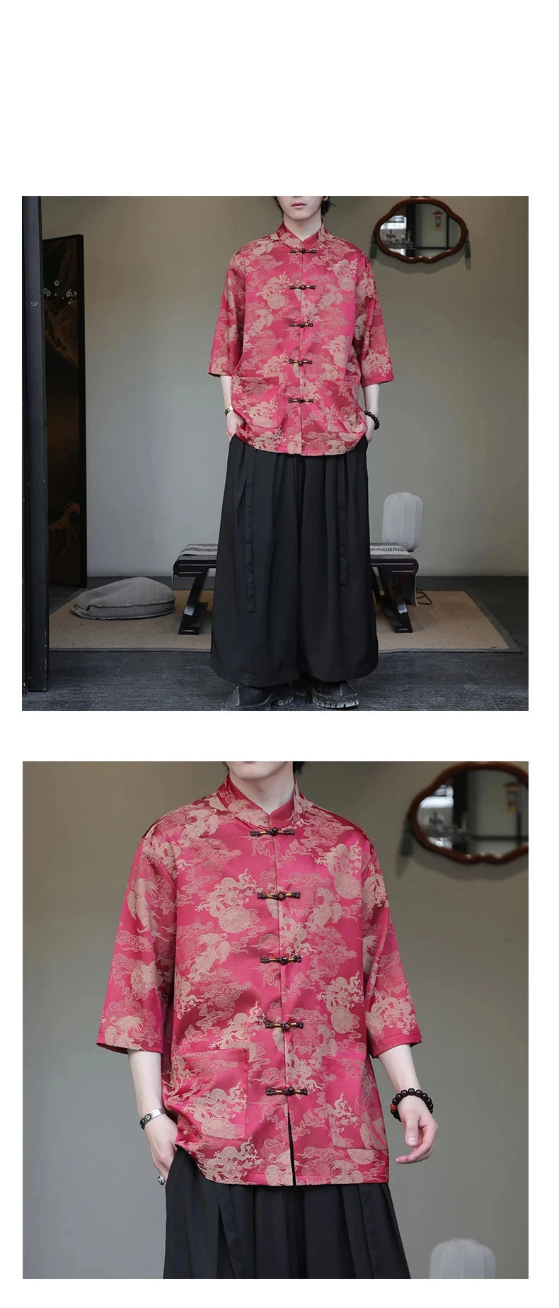 Premium golden dragon silk hanfu Tang shirt