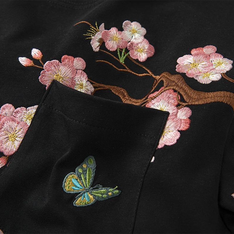 Sakura flower branch embroidery T-shirt