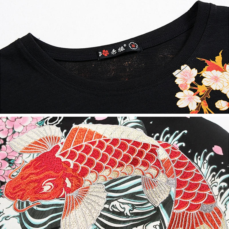 Embroidery sakura flower carp T-shirt