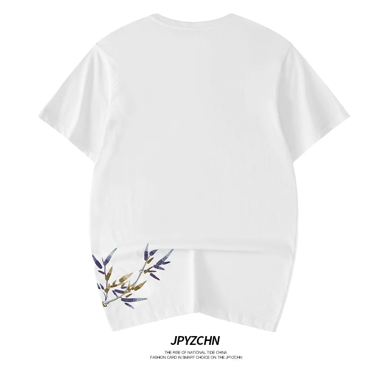 Embroidery tranquil bamboo branch T-shirt