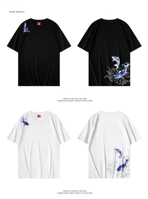 Blue twin carp embroidery T-shirt