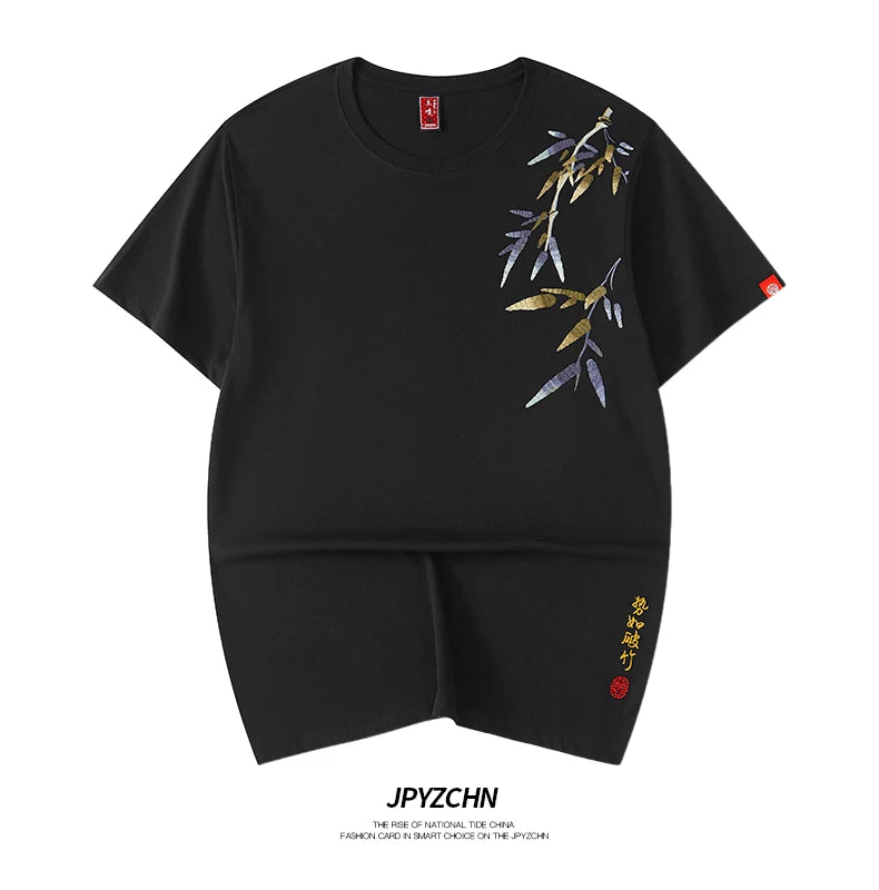 Embroidery tranquil bamboo branch T-shirt