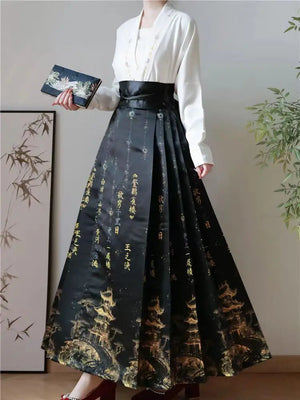 Women's kanji architecture top + bottom skirt set