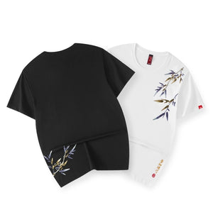 Embroidery tranquil bamboo branch T-shirt