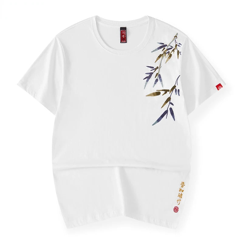 Embroidery tranquil bamboo branch T-shirt