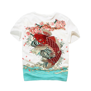 Embroidery sakura flower carp T-shirt