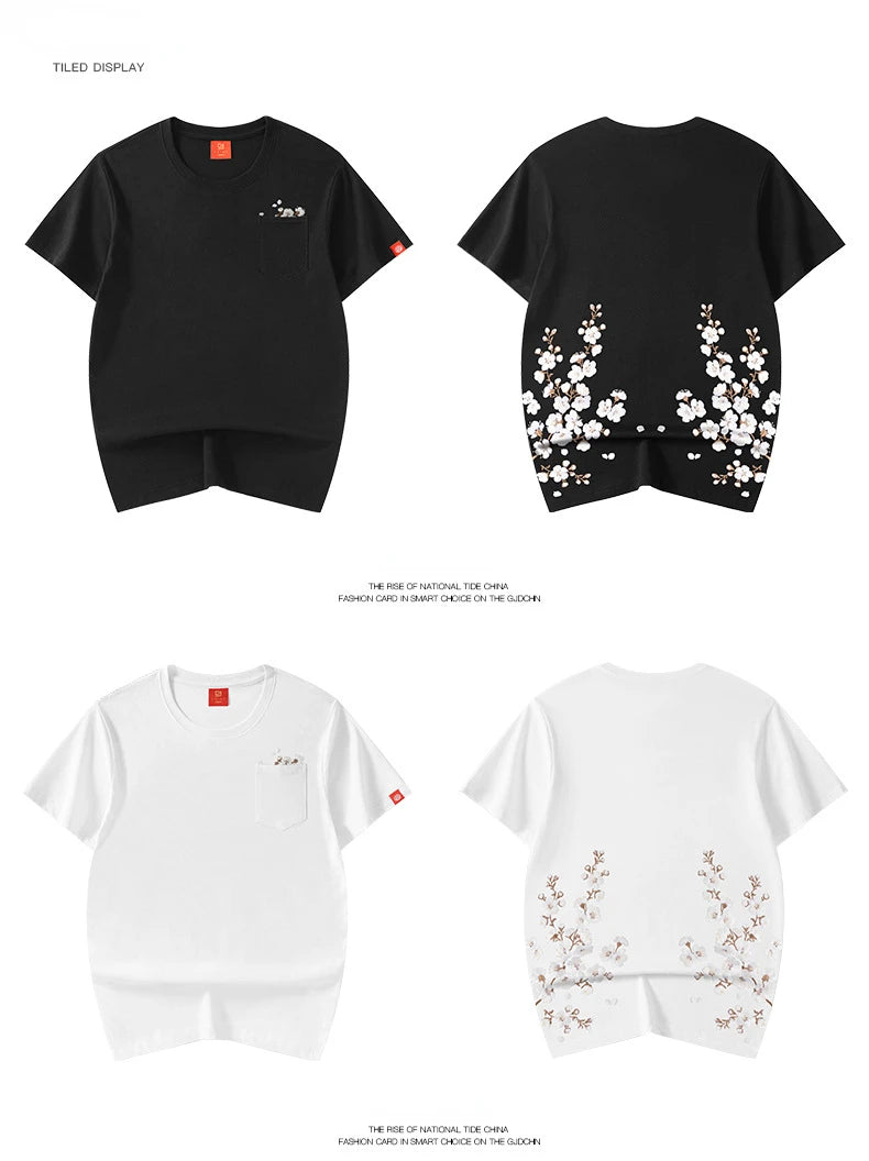 White sakura embroidery T-shirt