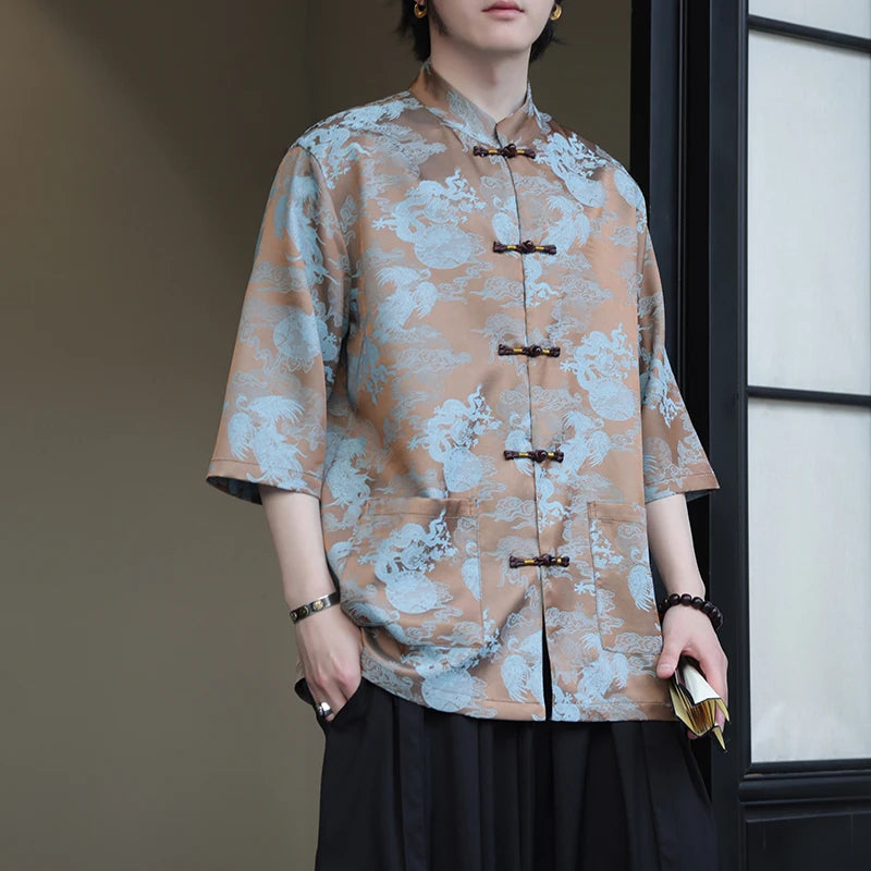 Premium golden dragon silk hanfu Tang shirt