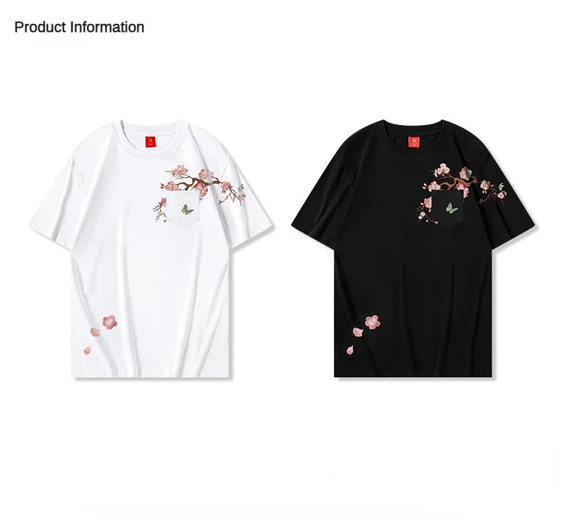 Sakura flower branch embroidery T-shirt