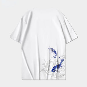 Blue twin carp embroidery T-shirt