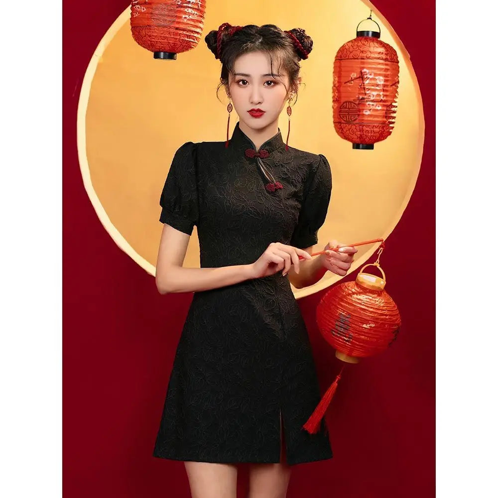 Silhouette dark floral cheongsam qipao dress