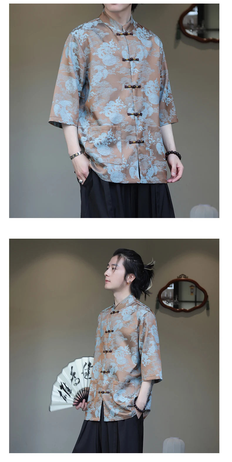 Premium golden dragon silk hanfu Tang shirt