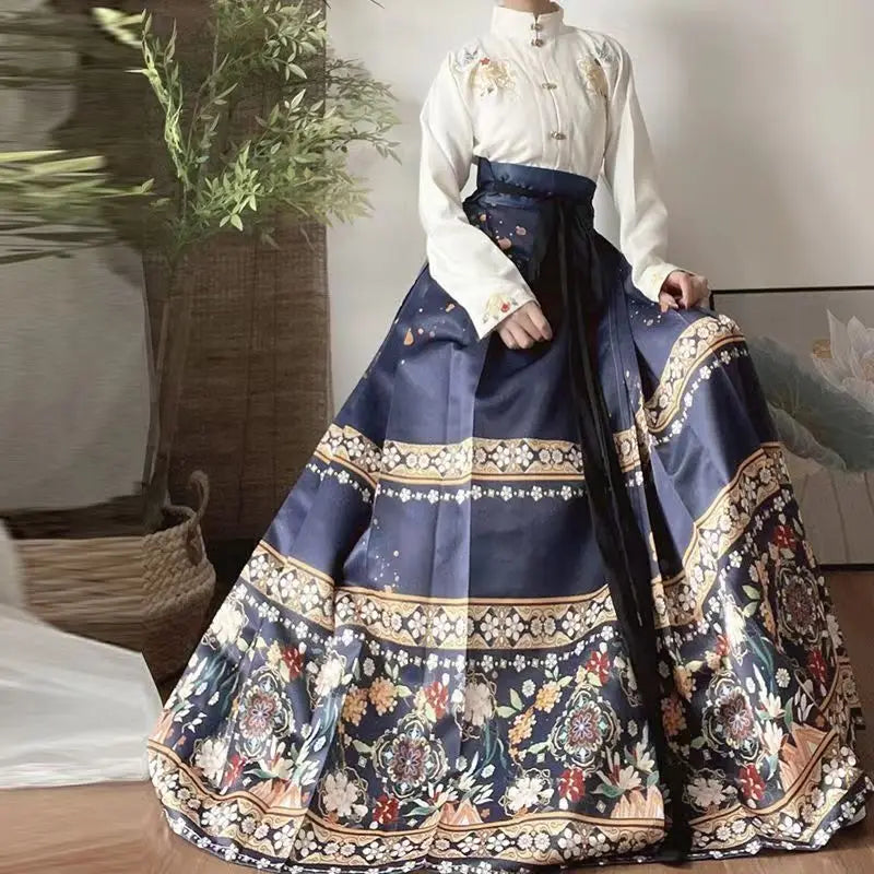 Women's hanfu floral shirt + skirt set