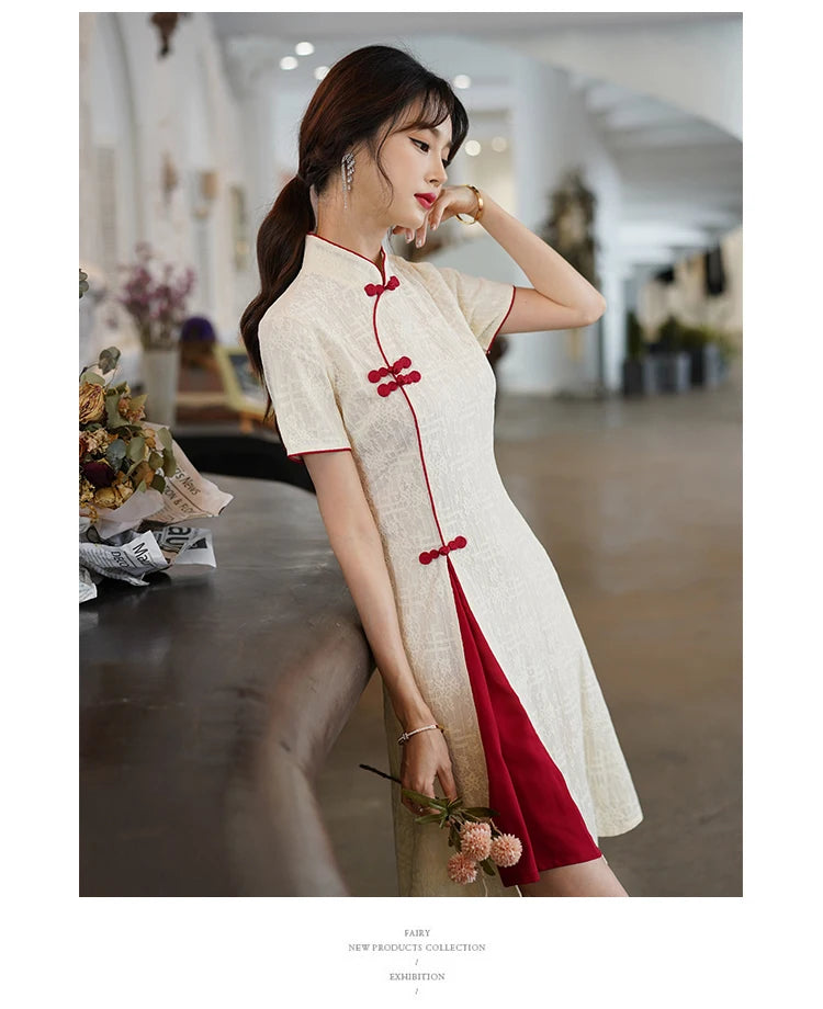 Basic design white/red Chinese cheongsam qipao dress