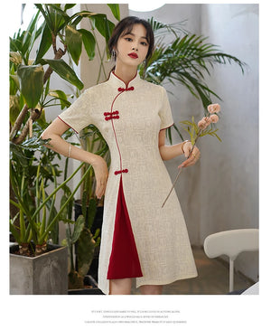 Basic design white/red Chinese cheongsam qipao dress