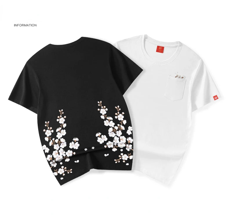 White sakura embroidery T-shirt