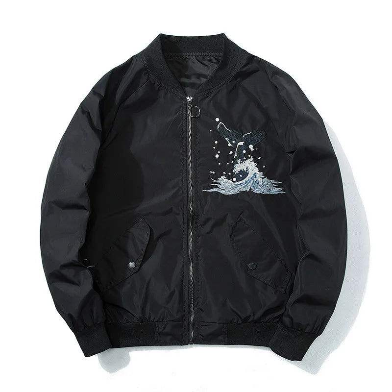 Whale splash embroidery bomber jacket