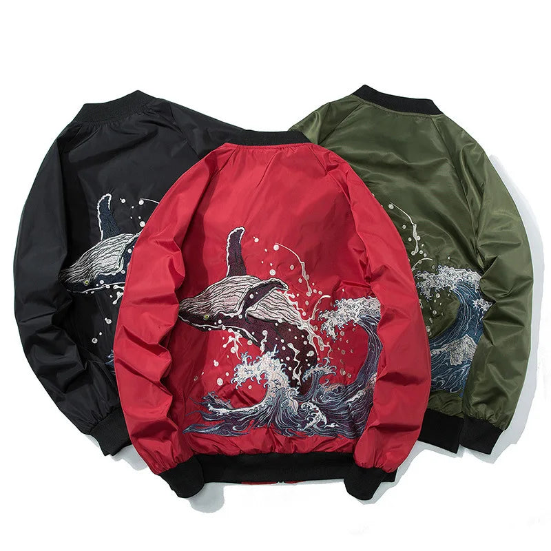 Whale splash embroidery bomber jacket