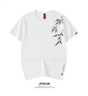 Embroidery tranquil bamboo branch T-shirt