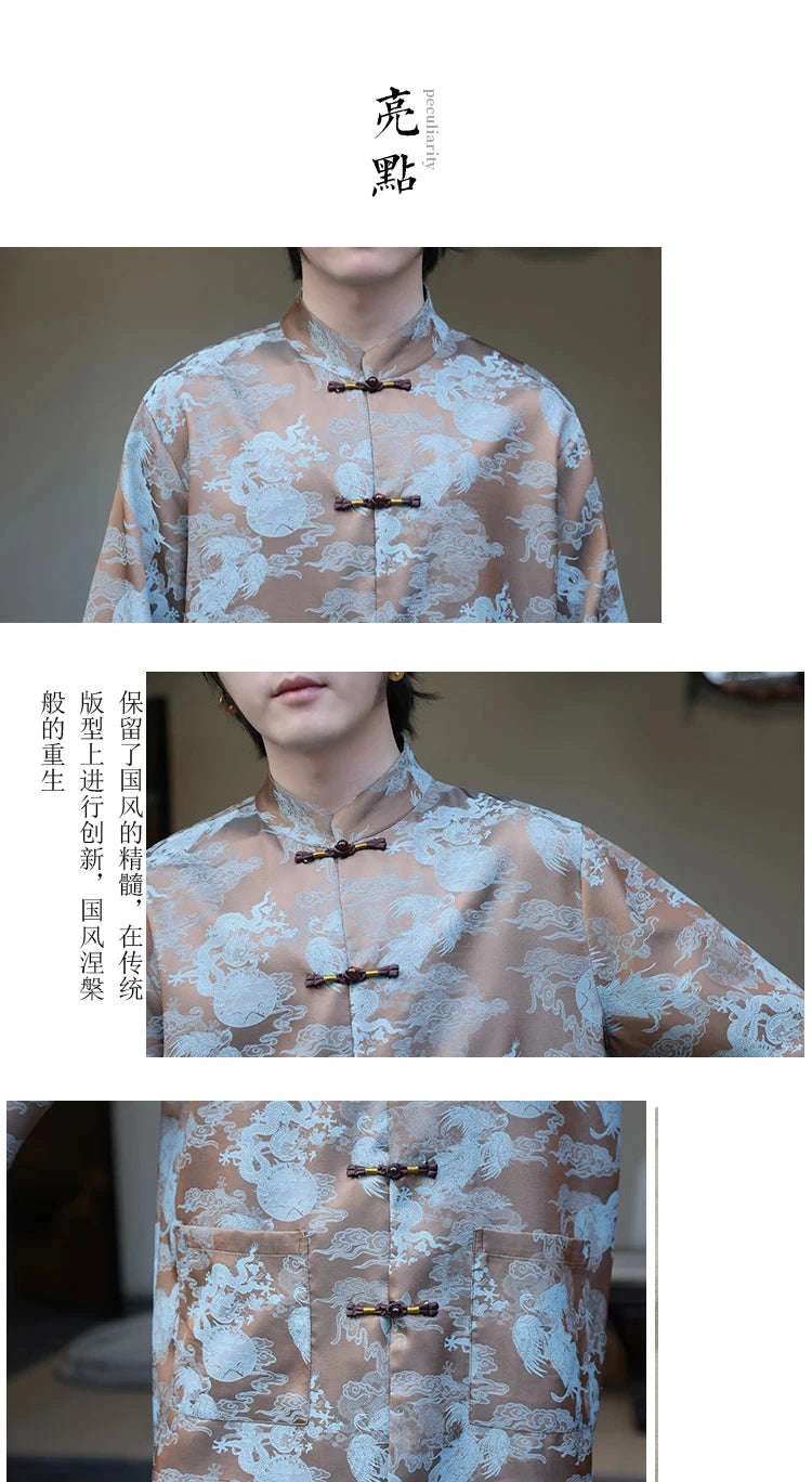 Premium golden dragon silk hanfu Tang shirt