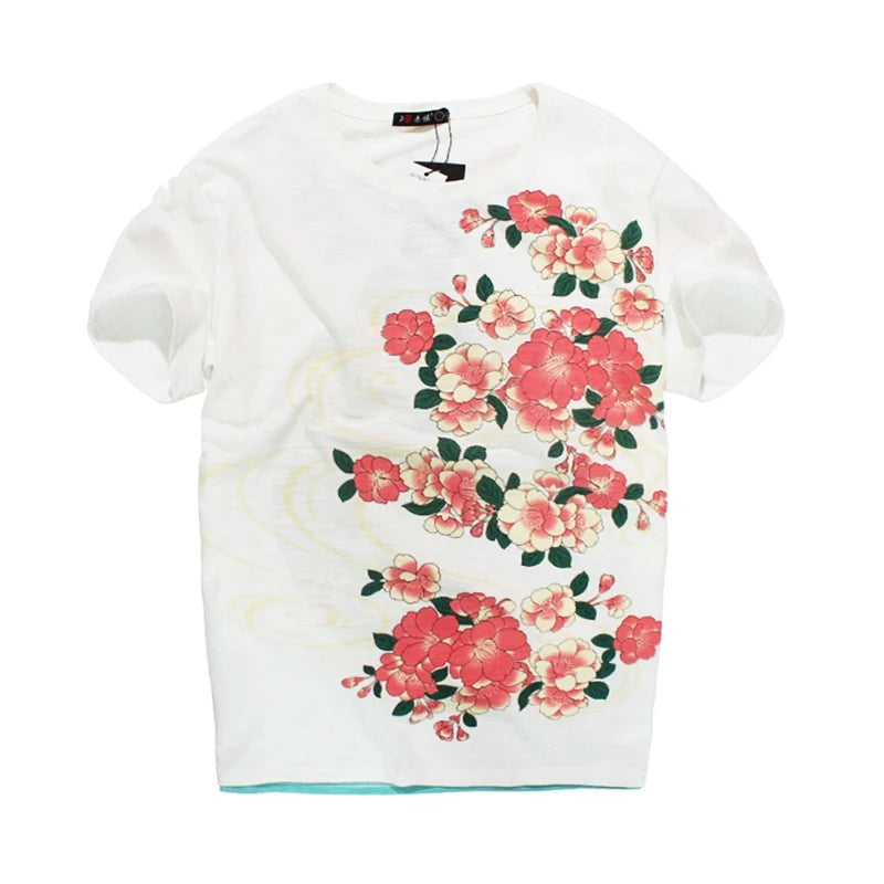 Embroidery sakura flower carp T-shirt