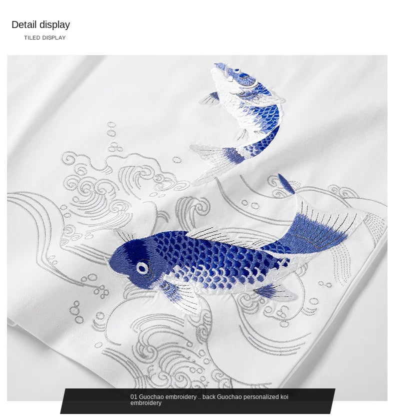 Blue twin carp embroidery T-shirt