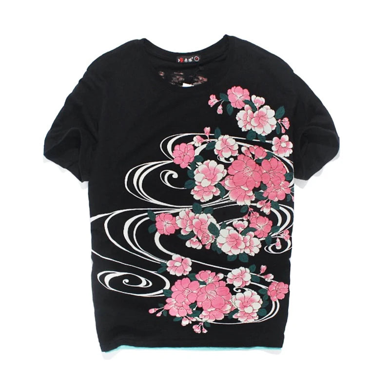 Embroidery sakura flower carp T-shirt